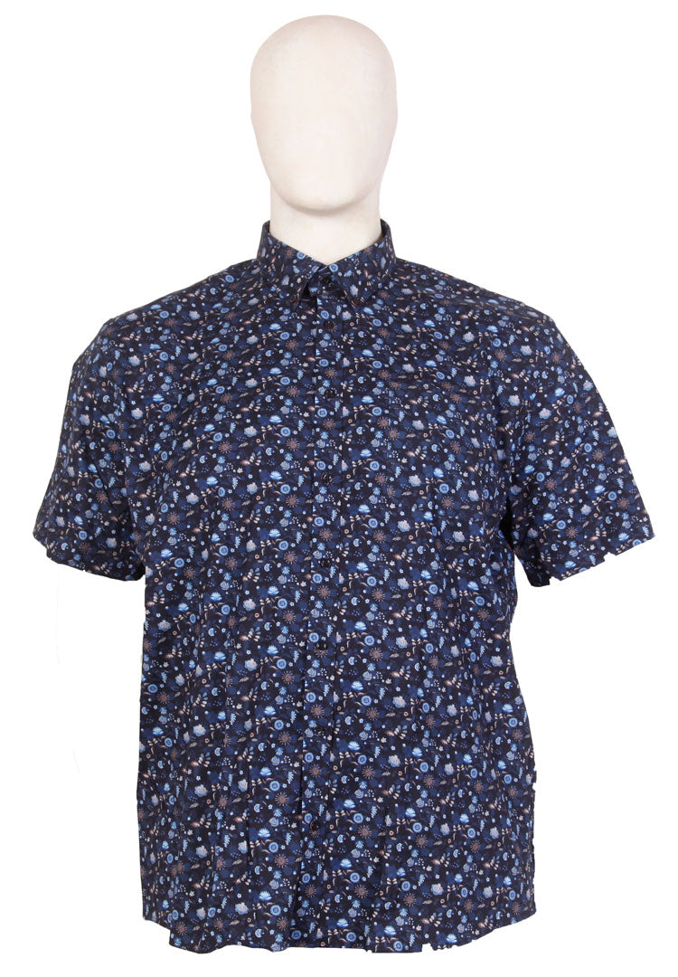 Espionage - Tony Floral Print Skjorte m. Korte Ærmer - Navy