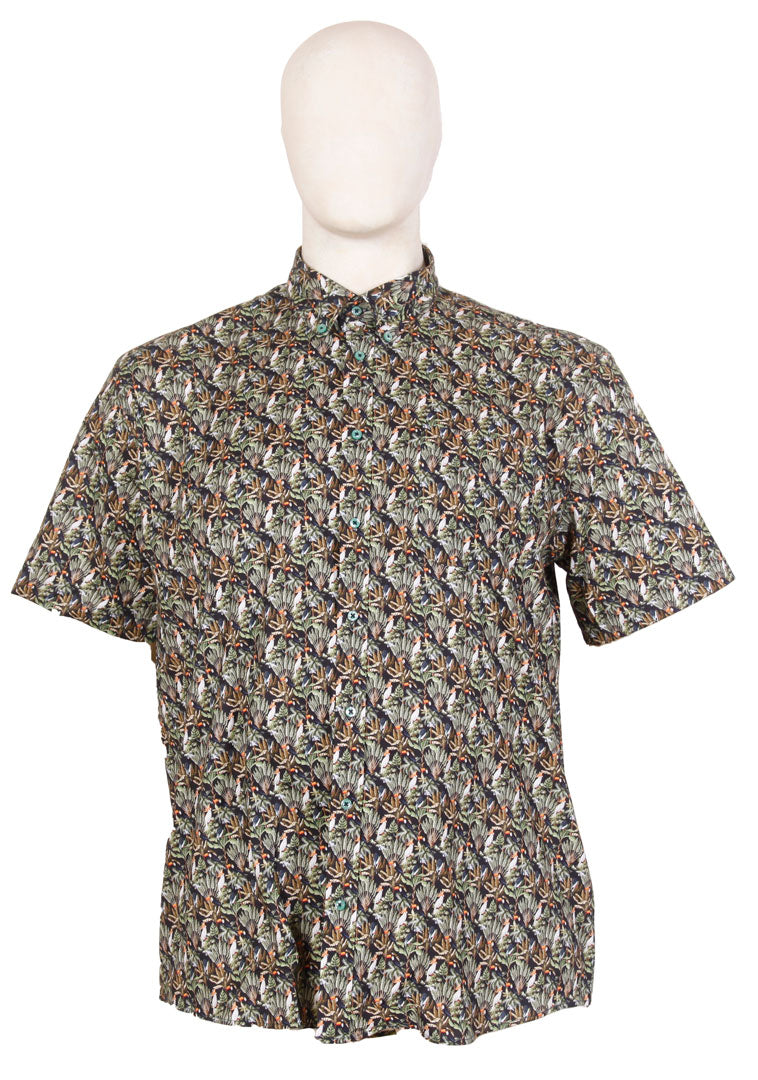 Espionage - Bob Bird Print Skjorte m. Korte Ærmer - Navy/Grøn