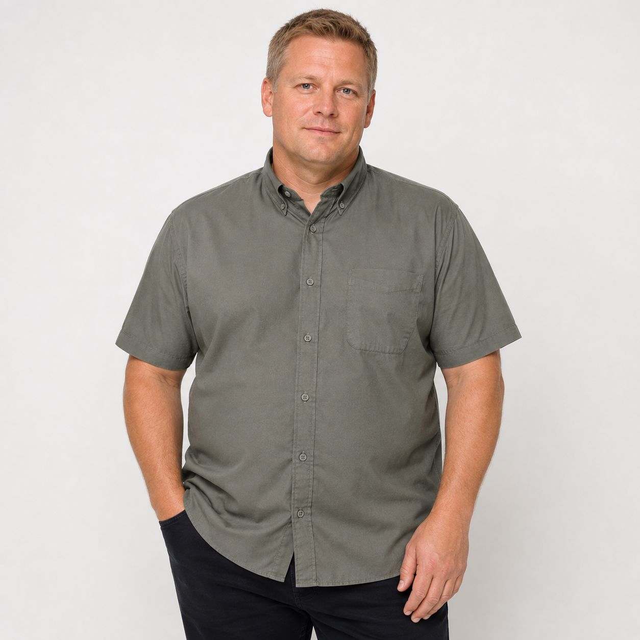 Espionage - Ensfarvet Stretch Twill Skjorte m. Korte Ærmer - Olivengrøn