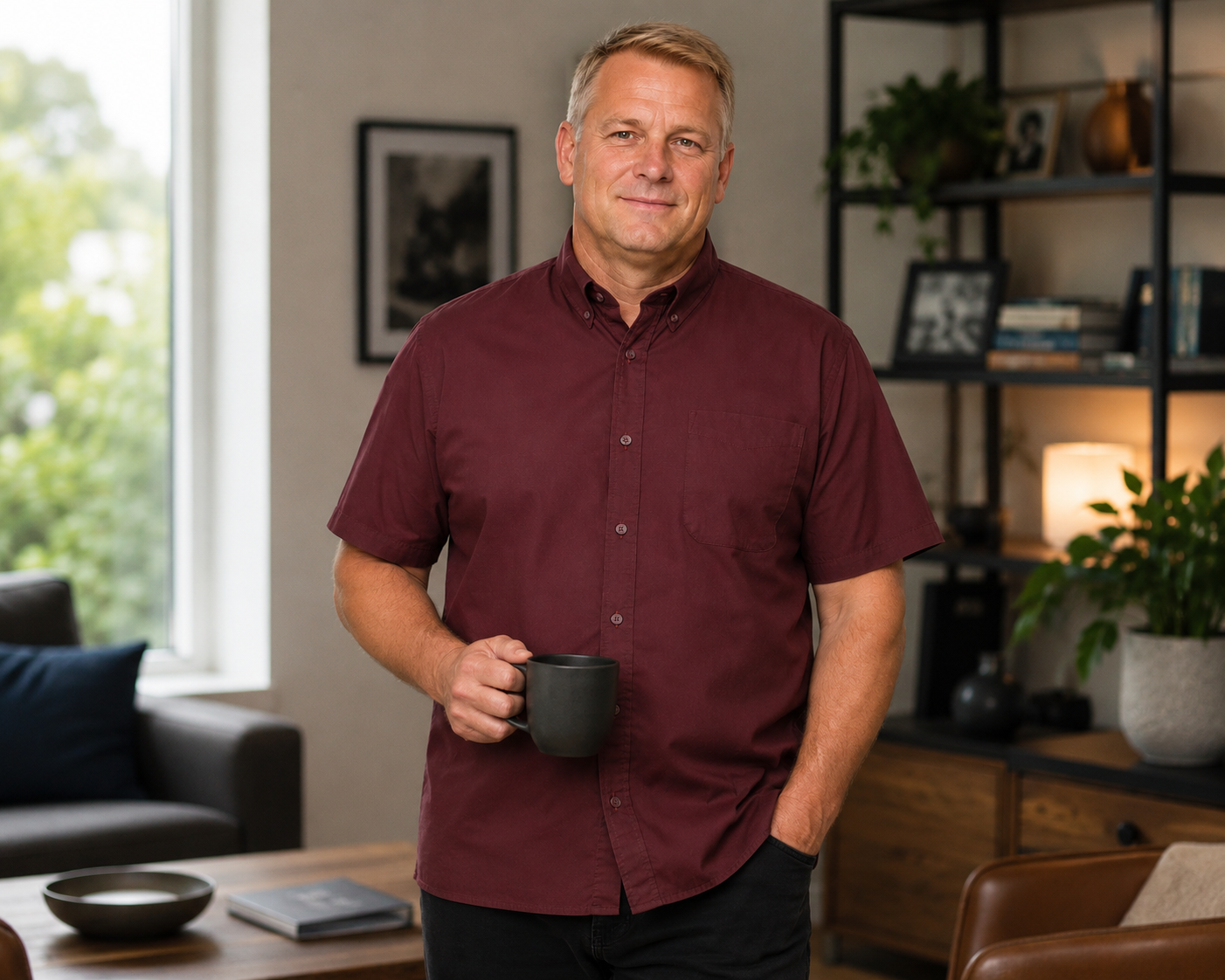 Espionage - Ensfarvet Stretch Twill Skjorte m. Korte Ærmer - Vinrød