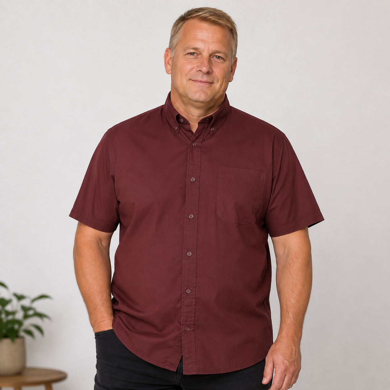 Espionage - Ensfarvet Stretch Twill Skjorte m. Korte Ærmer - Vinrød