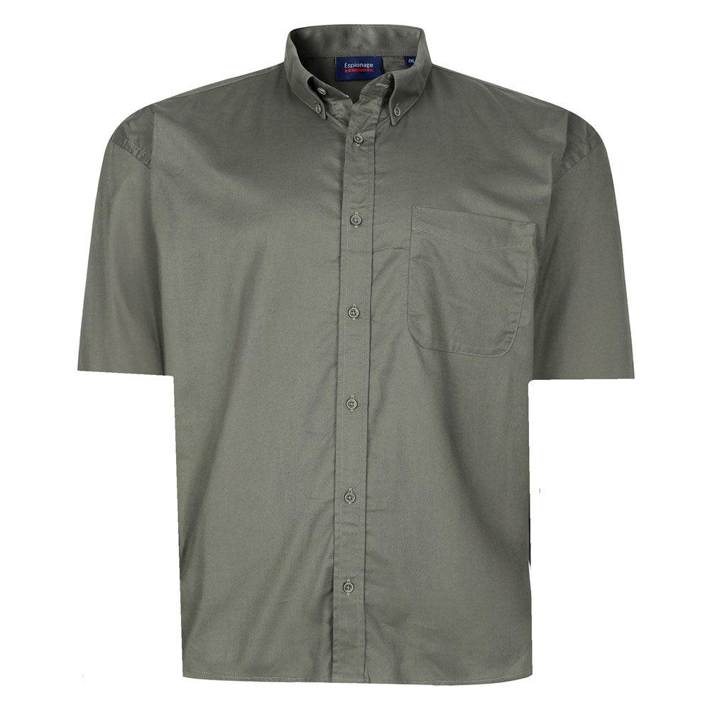 Espionage - Ensfarvet Stretch Twill Skjorte m. Korte Ærmer - Olivengrøn